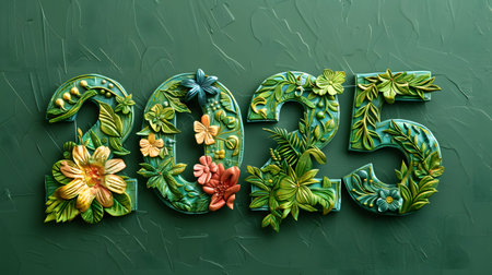 2025 sculpted in flowers and leaves, a beautiful New Year's greeting card!