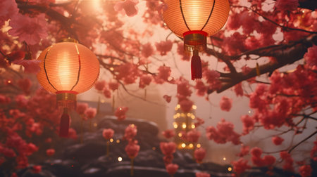 Glowing lanterns hang from a cherry blossom tree, creating a magical, serene Asian scene. The warm light adds to the peaceful atmosphere.の写真素材