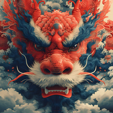 A stunning digital painting of a crimson dragon's head emerging from clouds. The dragon is depicted...