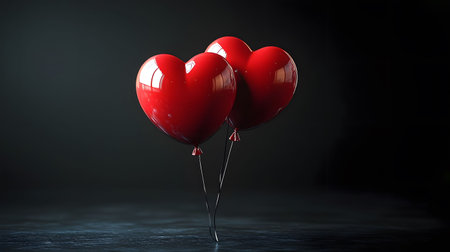 Two shiny red heart-shaped balloons float against a dark backdrop, creating a romantic and passionate image.の写真素材