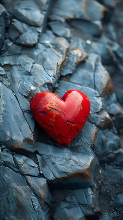 A vibrant red heart rests on a bed of rugged gray rocks, creating a striking contrast and symbolizing the strength and resilience of love.の写真素材