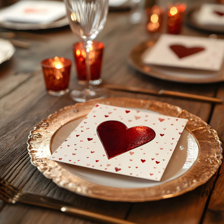 A romantic Valentine's Day table setting featuring a heart-shaped card and elegant gold tableware.の写真素材