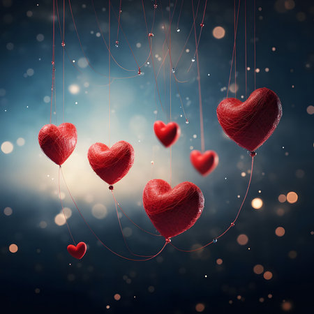 Red hearts suspended on strings, romantic, dreamy atmosphere. Valentine's Day.の写真素材