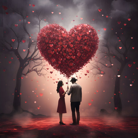 A couple shares a tender moment under a massive heart shaped balloon in an enchanted forest. Red and dark tones set a romantic, dreamy mood.の写真素材