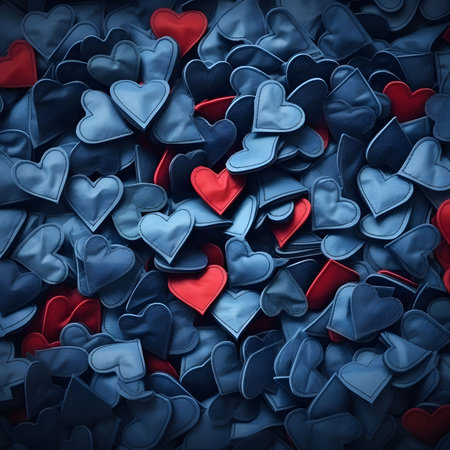 Numerous blue hearts, accented by vibrant red ones, create a captivating display of love.の写真素材