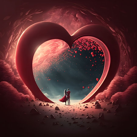 A couple stands hand-in-hand within a giant heart-shaped portal, surrounded by a dreamy, surreal landscape. Red hearts float in the sky.の写真素材