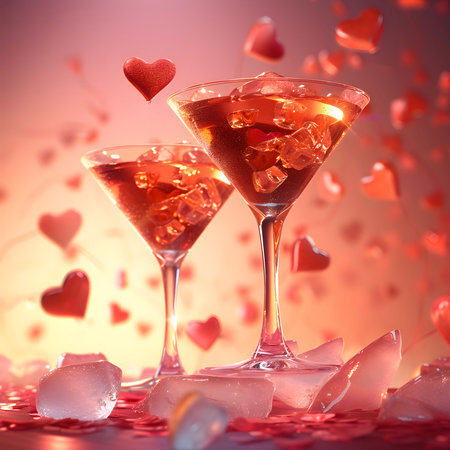 Two martini glasses filled with ice and red liquid, surrounded by floating hearts and ice cubes. Perfect for Valentine's Day.の写真素材