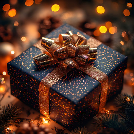 Close-up of an elegantly wrapped dark blue gift box with a luxurious golden bow, surrounded by warm Christmas lights.の写真素材