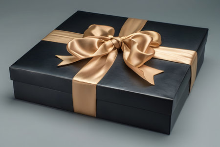 A luxurious black gift box adorned with a large golden satin bow. Perfect for special occasions.