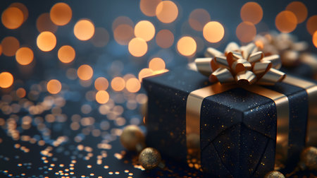 A luxurious dark-blue gift box with a golden bow, sparkling lights, and glitter. Perfect for festive...