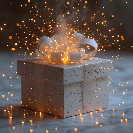 A magical white gift box glows with golden sparkles and lights. A perfect image for Christmas or any special occasion.の写真素材