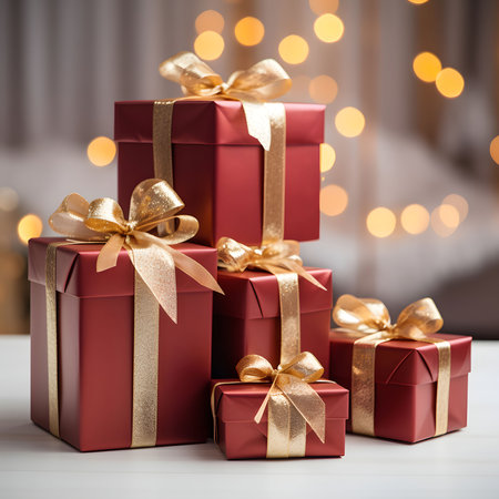 Several red gift boxes with gold ribbons and bows, stacked against a warm, bokeh background.