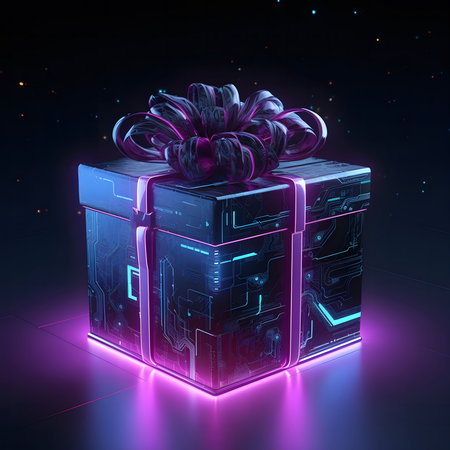 A cyberpunk-style gift box with neon lights and a futuristic design.