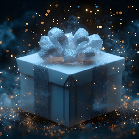 A white gift box with a silver bow, surrounded by magical sparkles and lights. A winter night scene.