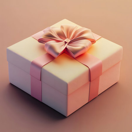A square gift box in a soft pink hue, adorned with a large, elegant pink satin ribbon and bow. The...