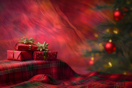 Three wrapped gifts sit on a red plaid cloth, with a Christmas tree softly blurred in the background.の写真素材