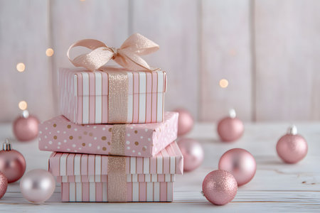 A stack of beautifully wrapped pink gifts adorned with rose gold accents sits on a white wooden table, surrounded by delicate pink ornaments.の写真素材