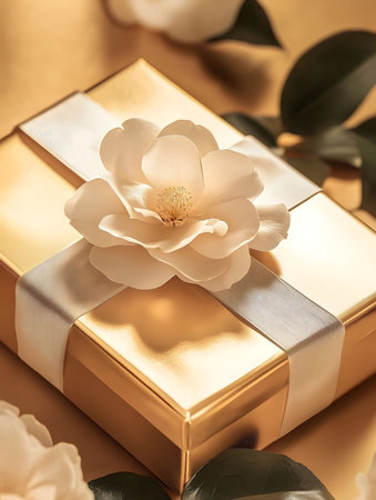 A luxurious gold gift box adorned with a delicate white flower and a soft ribbon. Perfect for a special occasion.の写真素材