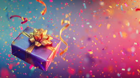 A levitating purple gift box with a golden bow, amidst a flurry of colorful confetti. Perfect for...