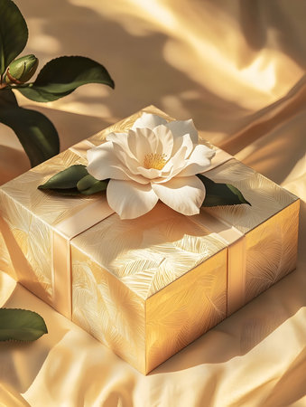 A luxurious golden gift box adorned with a delicate white camellia flower, resting on a satin fabric. Sunlight highlights the elegant details.の写真素材