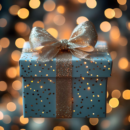 A beautifully wrapped gift sits against a bokeh background of warm lights, perfect for the holiday...