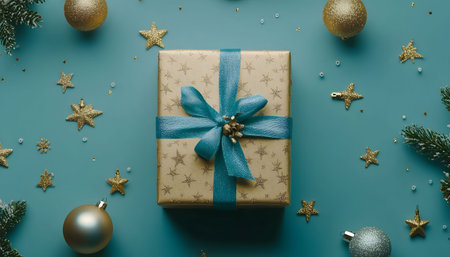 A golden gift box with a teal ribbon, surrounded by gold stars and ornaments, on a teal background.