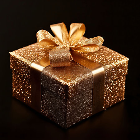 A luxurious golden glitter gift box with a shimmering bow, perfect for any special occasion.の写真素材