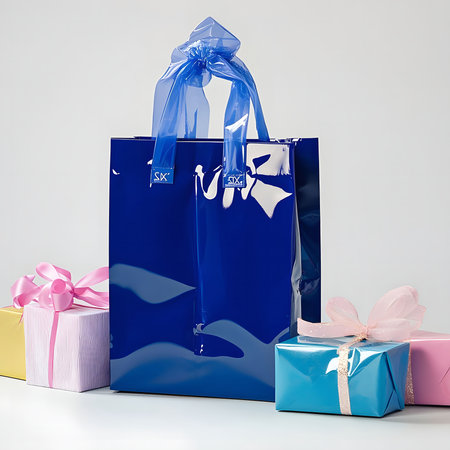 A glossy blue gift bag with a ribbon and small gifts.の写真素材