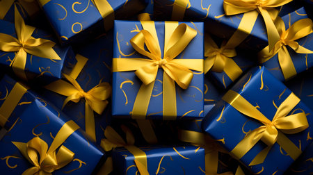 Many navy blue gifts with golden ribbons are piled together. It's a festive and luxurious scene.