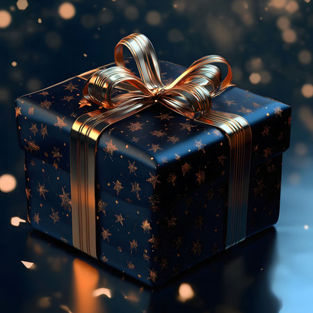 A luxurious dark blue gift box adorned with golden stars and a shimmering gold ribbon. Perfect for...