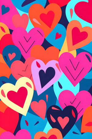 A vibrant, colorful pattern of hearts, perfect for Valentine's Day or any romantic celebration.
