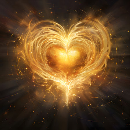 A digital artwork depicting a heart ablaze with golden light and fiery energy. Symbol of love and passion.の写真素材