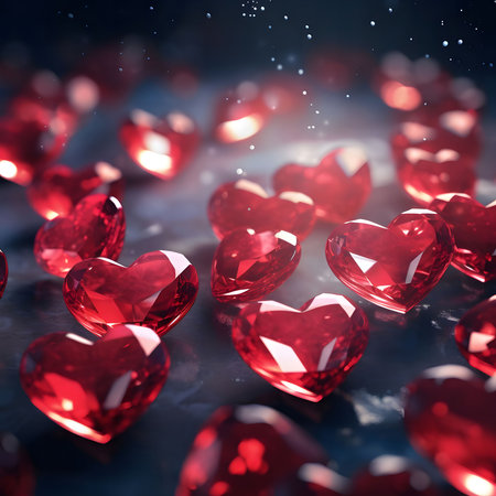 Many red gemstone hearts sparkle on dark background. Romantic Valentine's Day concept.の写真素材