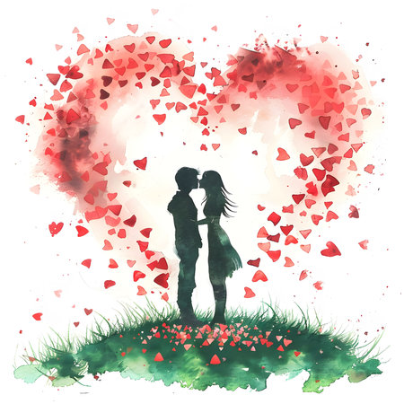 Silhouette of a couple kissing under a heart-shaped shower of red watercolor hearts. Romantic art.の写真素材