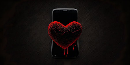 A black heart on a smartphone screen. Digital heartbreak concept.
