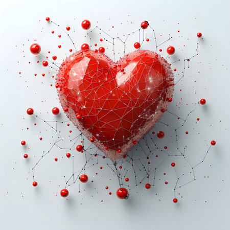 A digital rendering of a red polygonal heart with connecting lines and small red spheres.の写真素材