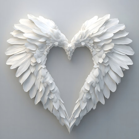White angel wings artfully arranged to form a heart shape. A symbol of love, purity, and devotion.の写真素材