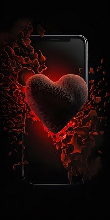 A 3D rendered image of a dark heart breaking through a phone screen, expressing digital heartbreakの写真素材