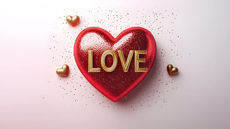 A red heart with gold lettering 'LOVE' surrounded by small golden hearts and glitter. Perfect for Valentine's Day.の写真素材
