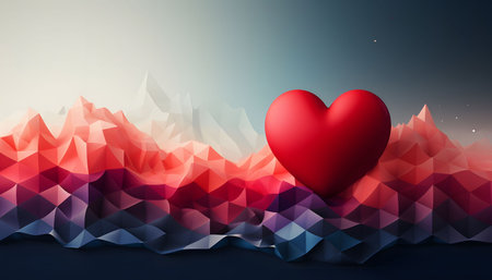 Red heart rests atop a vibrant polygonal mountain range. Digital art depicting love and serenity.の写真素材