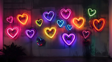 A vibrant collection of neon heart lights creates a captivating and romantic atmosphere. The...