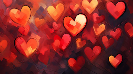 An abstract artwork featuring a multitude of red hearts in varying shades and sizes. A vibrant,...