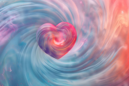 A vibrant heart at the center of swirling pastel colors. Dreamy, romantic, and artistic.の写真素材