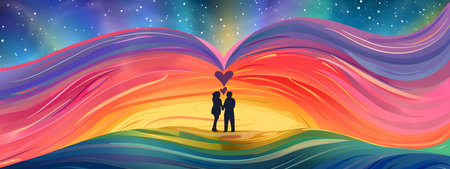 Silhouetted lovers stand amidst a vibrant, abstract aurora borealis, symbolizing eternal love and dreams.の写真素材