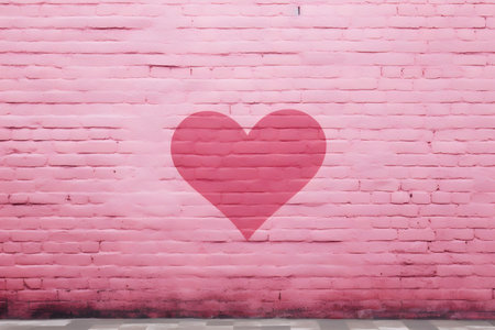 A painted pink heart on a pink brick wall. Perfect for Valentine's Day or love-themed designs.の写真素材