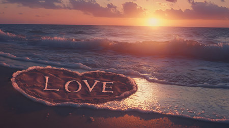 Heart-shaped sand with the word Love, on the beach during sunset. Romantic beach scene, peaceful and beautiful.の写真素材