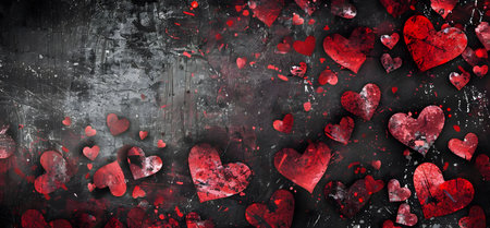 Red grunge hearts on dark background. Valentines day, love, romanticの写真素材