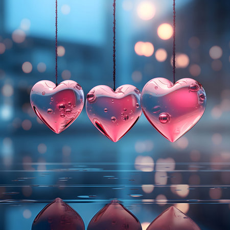 Three beautiful glass hearts hanging, reflecting in calm water. A romantic scene with soft lighting.の写真素材