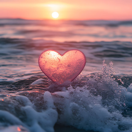 A pink heart rests on ocean waves during a beautiful sunset. The image conveys serenity and love.の写真素材