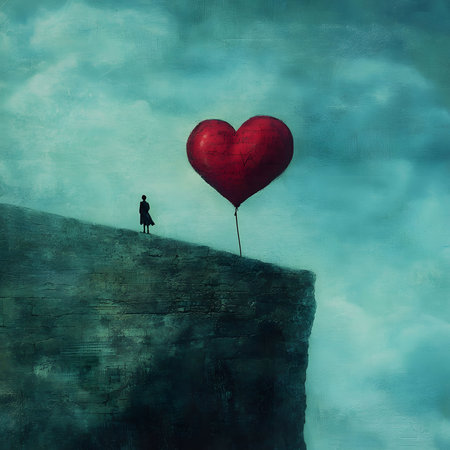 A woman stands on a cliff, gazing at a heart-shaped balloon drifting away. The scene evokes feelings of heartbreak and loss.の写真素材